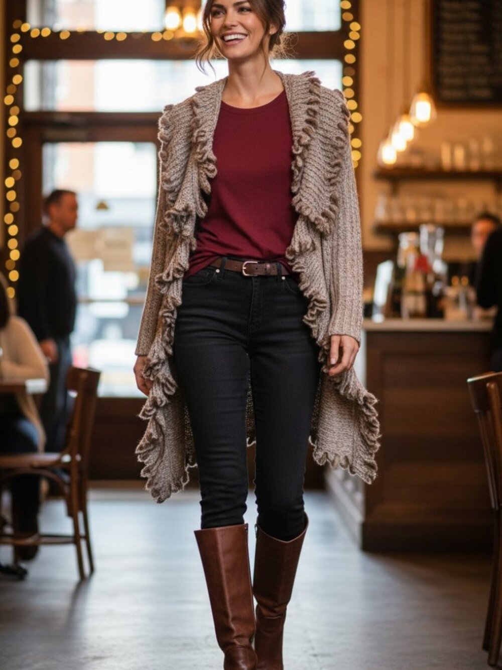 Lapis Fringed Open Front Knit Cardigan Sweater Coat Gray/Brown Blend PL EUC